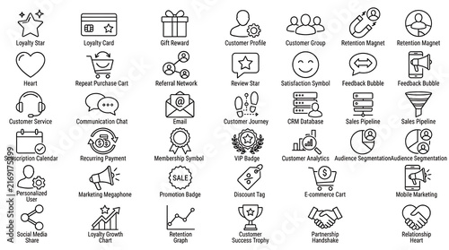 A comprehensive collection of outline icons represents various business concepts and customer engagement strategies.