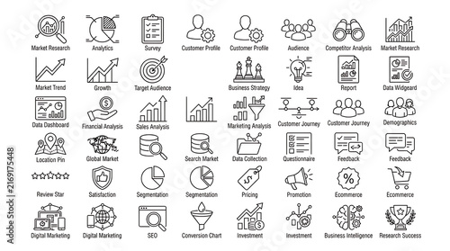 Business and marketing icons illustrating concepts like analytics, strategy, and customer journey are presented.