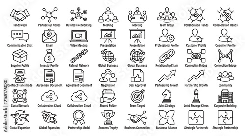Diverse set of business and technology icons depicting networking, collaboration, and digital processes for conceptual use.