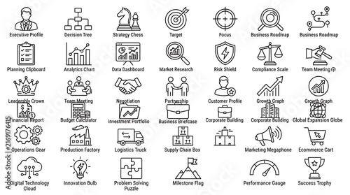 A collection of business and finance icons illustrates concepts like strategy, data, and growth.