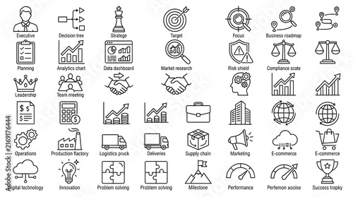A diverse array of business-related icons showcases concepts such as executive roles, strategic planning, and market research.