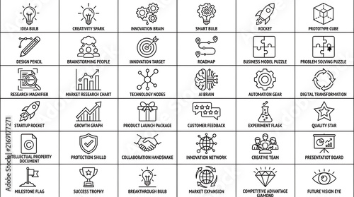 A compilation of 49 detailed line icons represents innovative business ideas, startup concepts, and creative processes such as brainstorming and product launches.