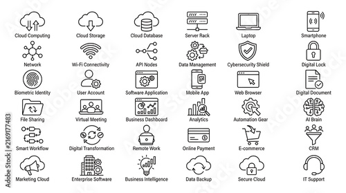 This collection of flat design icons represents a wide array of digital technology and business concepts for web and application interfaces.