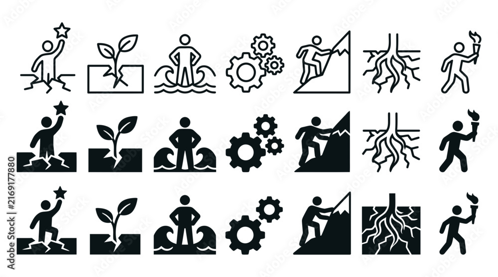 Obraz premium Set of motivation and personal growth vector icons featuring star sprout waves gears mountain climbing roots symbols
