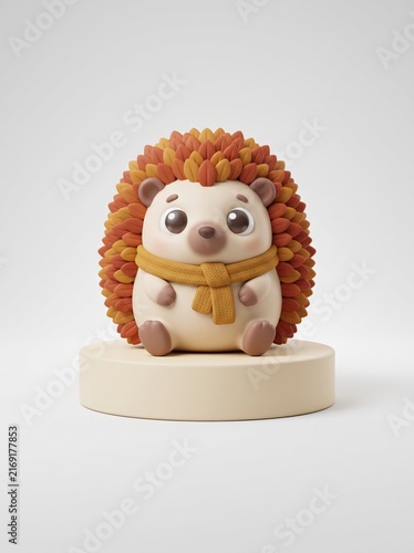 Cute 3D cartoon hedgehog character wearing yellow knitted winter scarf autumn leaves spikes pastel podium