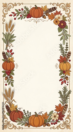 Vintage Thanksgiving frame with pumpkins wheat and autumn leaves illustration