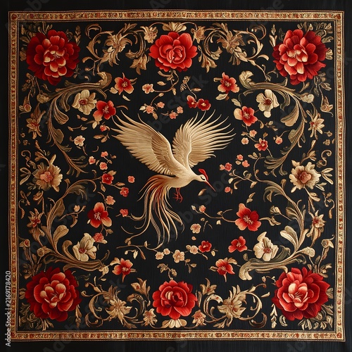 Elegant embroidered tapestry background with a crane bird and gold floral damask motifs for luxury packaging.