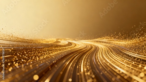 Abstract Golden Data Road with Flowing Light Lines and Glittering Particles on Warm Background