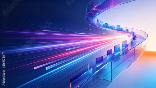 Abstract Futuristic Technology Path with Neon Light Trails and Curved Digital Structure