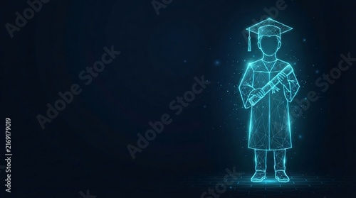 Glowing digital wireframe illustration of a graduate student wearing a cap and holding a diploma with graduation cap neon glow academic success future education