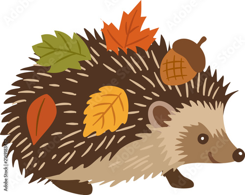 Little hedgehog walking with autumn foliage