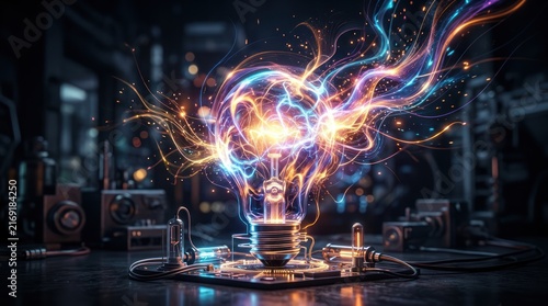 Electric Idea Burst: A vintage lightbulb crackles with vibrant energy, emitting a swirling vortex of colorful sparks and light trails, symbolizing innovation and the birth of a brilliant concept.