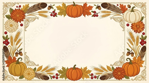 Victorian Thanksgiving dinner autumn harvest border illustration with pumpkins