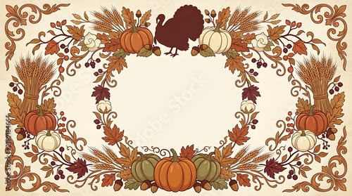 Victorian Style Thanksgiving Wreath Illustration with Seasonal Harvest Elements