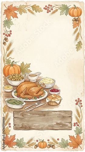 Vintage Watercolor Thanksgiving Feast Border with Food and Autumn Leaves
