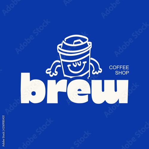 Brew Coffee Shop Logo Vector Retro Coffee Cup Character Mascot Line Art Design
