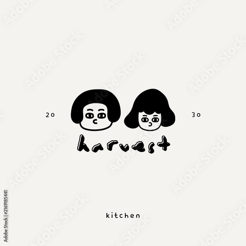 Harvest Kitchen Cute Hand Drawn Couple Logo Vector Minimalist Mascot Character Illustration