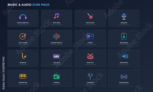 Music and audio icon pack featuring instruments sound waves and media equipment symbols on dark background music icons musical instruments audio signs song elements playback icons music vectors