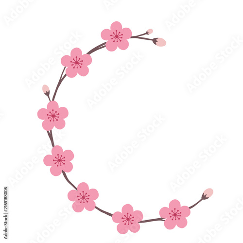 Minimal flat pink blossom half-circle wreath illustration, curved floral arch branch clipart top view, botanical wedding element isolated on white background