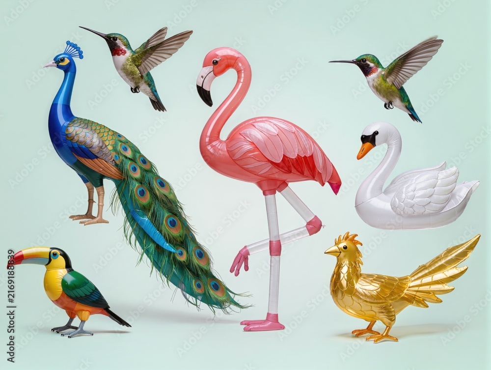 Naklejka premium A sophisticated collection of beautiful birds recreated entirely from transparent inflatable plastic, featuring peacock, flamingo, kingfisher, hummingbird, swan, toucan and golden pheasant