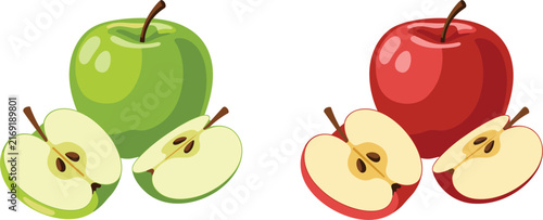 Fresh red and green apple vector illustration set, whole sliced half sweet fruit collection on background