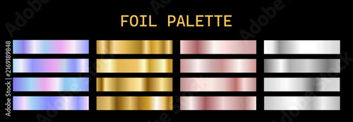 Iridescent gradient swatches. Shiny gold and silk metal on dark background. Metallic Foil Palette or swatch degrade. Vector illustration.