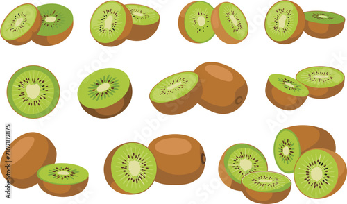 Fresh green kiwi vector illustration set, whole sliced half pieces sweet exotic fruit collection on background