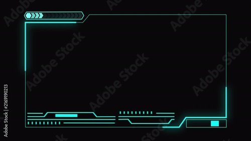 Futuristic hud user interface frame overlay on black background. Perfect for streaming screens, video gaming overlays, sci-fi content, tech presentation frames, and digital broadcasting.