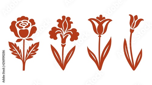 Set of floral silhouettes. Vector terracotta icons of rose, iris and tulip flowers in stencil style isolated on white