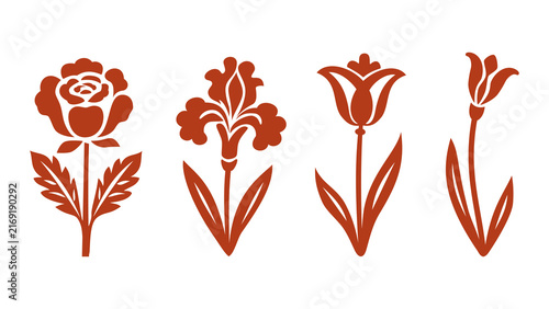 Set of floral silhouettes. Vector terracotta icons of rose, iris and tulip flowers in stencil style isolated on white