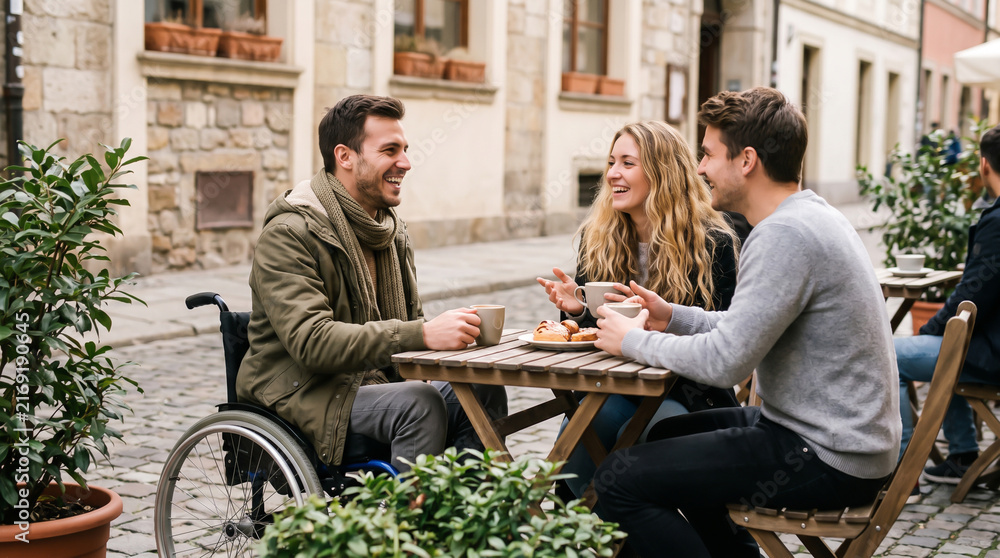 Obraz premium Three friends enjoying coffee and conversation in a european city street