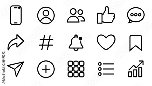 15 Social Media & Digital Communication Outline Icons – Modern Black and White UI Icon Set