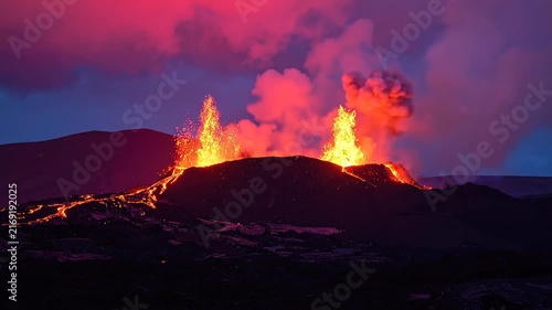 Volcanic Eruption with Lava Fountains at Twilight