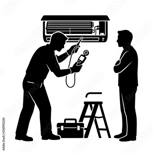 Technician uses an anemometer to measure airflow from a wall-mounted air conditioning unit while a customer observes the maintenance process.