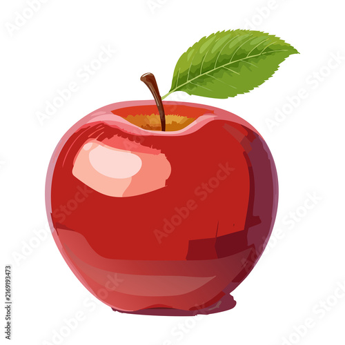 Shiny red apple fruit with green leaf for healthy snack grocery store banner illustration fresh organic produce vector asset