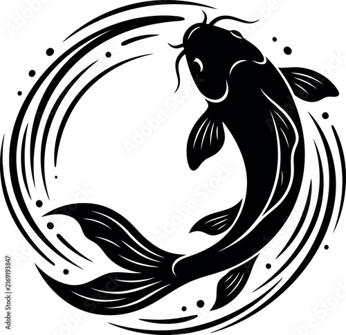 Elegant black koi fish swimming in circular water brushstroke illustration