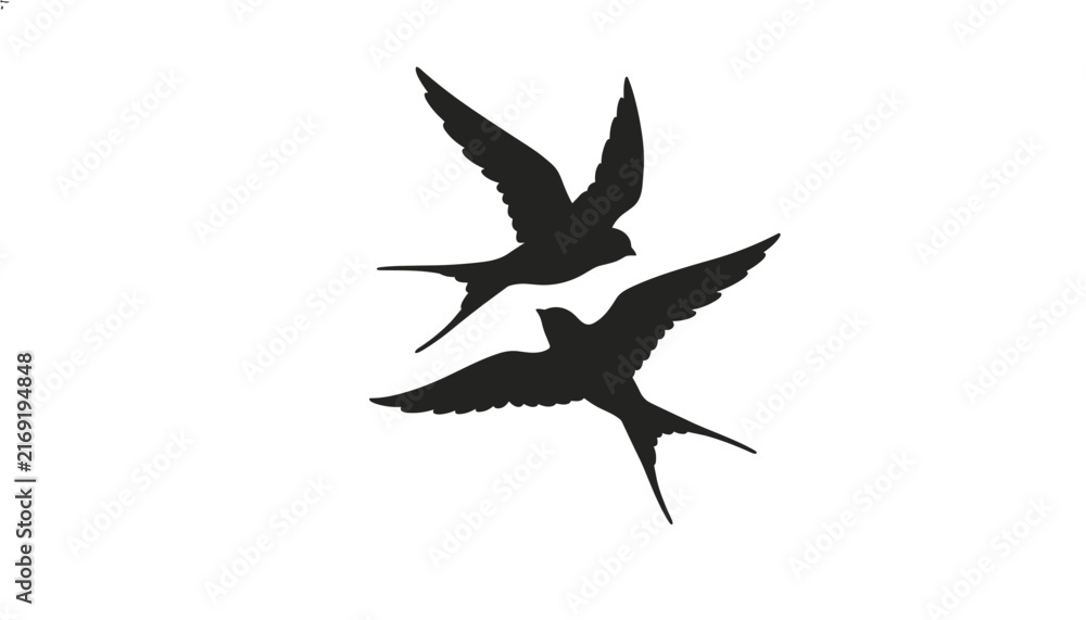 Obraz premium Dynamic black silhouette illustration of two swallow birds in flight, isolated on a clean white background.