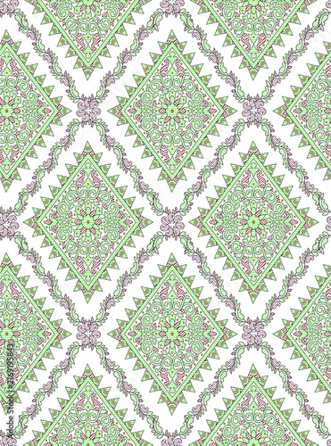 Canvas Print Seamless vintage damask pattern featuring intricate green and purple floral scro