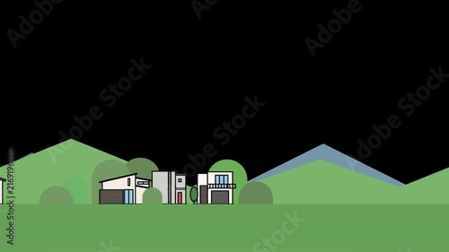 Residential Neighborhood with Mountains and Houses, Transparent Background Loop Animation