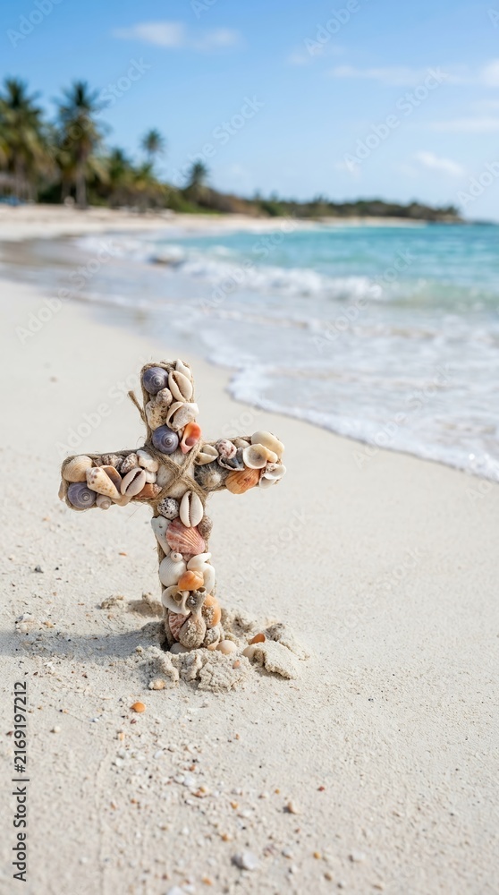 Obraz premium Seashell Cross on a Tropical Beach with Ocean Waves.