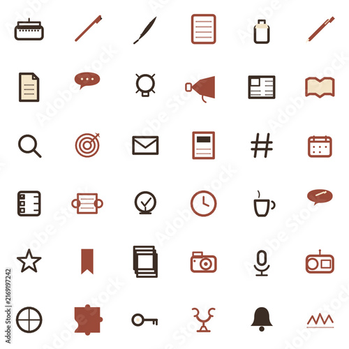 Copywriting and Content Creation Icon Set, 36 Simple Vintage Minimalist Icons in Aged Cream Ink Brown and Brick Red, Retro Writer Vector Collection