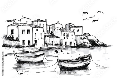 Sketch of a mediterranean village with boats and coastal architecture vector illustration on white background.
