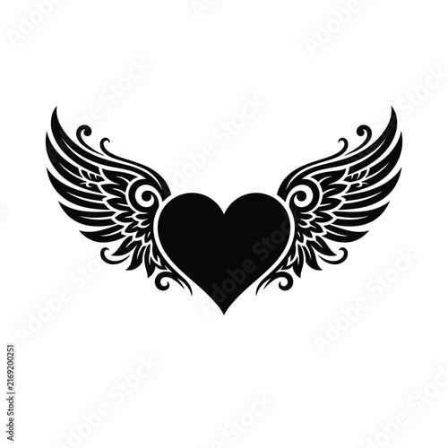 Black Heart With Wings Tattoo Design Vector.
