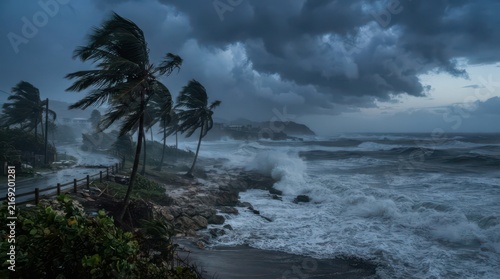 Dramatic Stormy Coastline with Palm Trees Bending Under Strong Winds and Powerful Ocean Waves Crashing