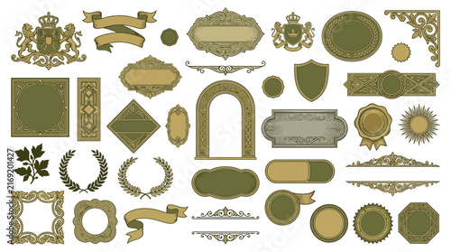 Ornate Heraldic Crests, Banners, Frames, and Decorative Embellishments
