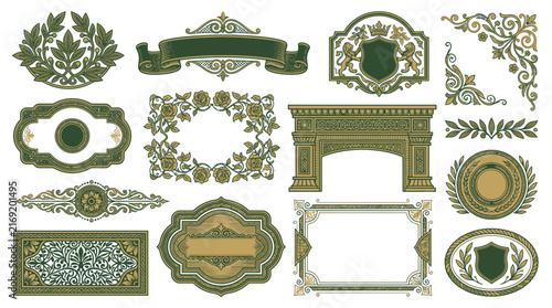 Ornate Vintage Decorative Elements and Frames, Green and Gold