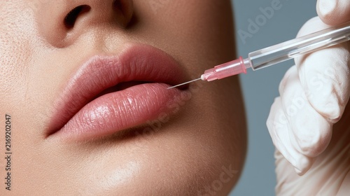 A gloved hand injects a cosmetic filler into plump, pink lips