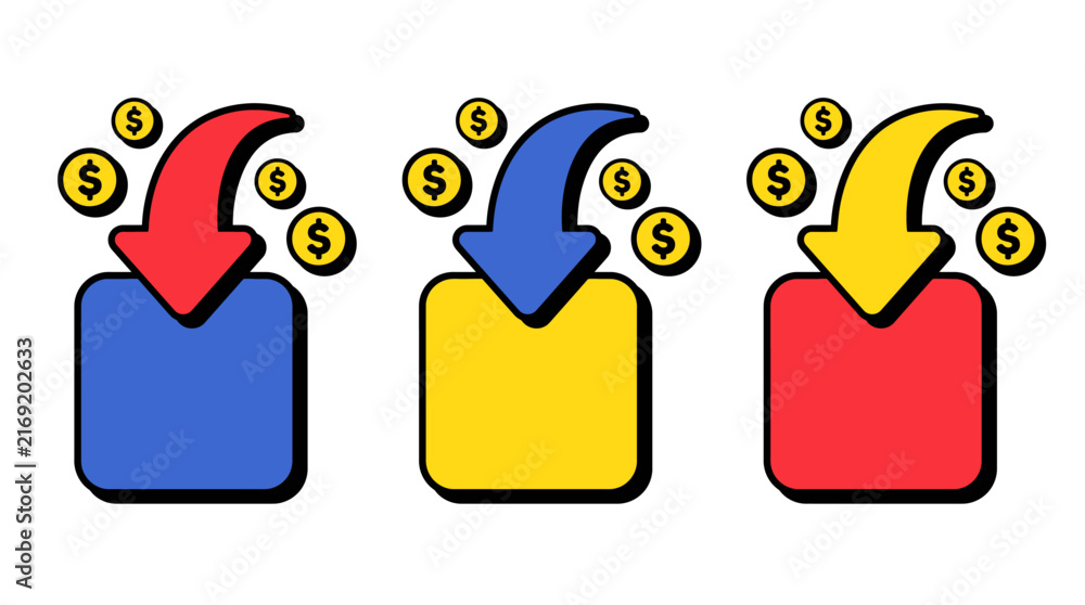 Fototapeta premium Y2K Price Drop Promo Badge with Downward Arrow and Coins Vector