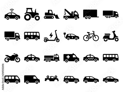 Fotografie Set of vehicle and transport silhouettes icons and pictograms with pictogram tra