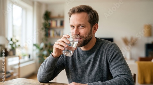 Man drinking clear water from a transparent glass at a wooden table in a brightly lit indoor setting for hydration and well-being.